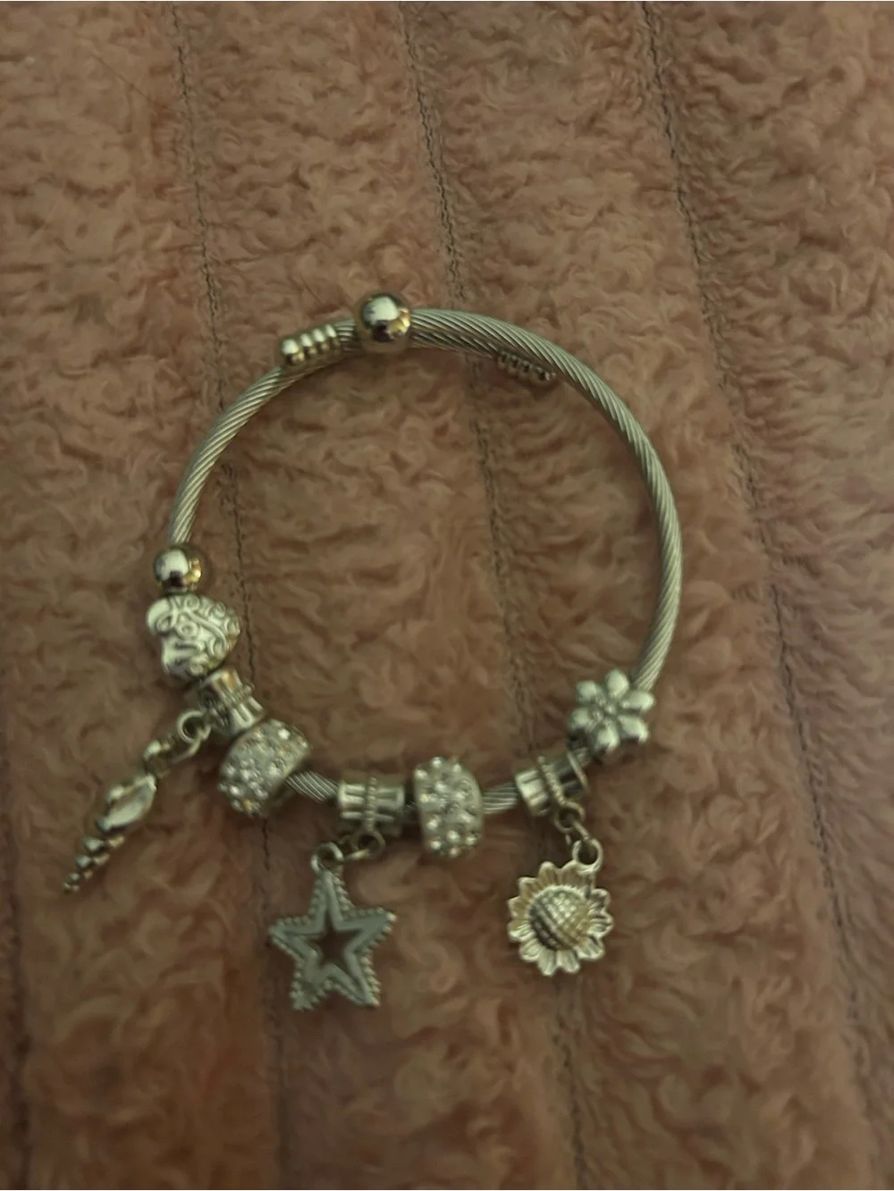 Silver-Tone Charm Bangle Bracelet with Star & Flower Charms